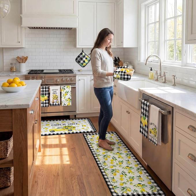 Fourluoo 10 Pcs Lemon Kitchen Decor Set Dish Towels Kitchen Rugs Oven Mitts and Pot Holders for Cooking Baking Grilling Women Mom Gift