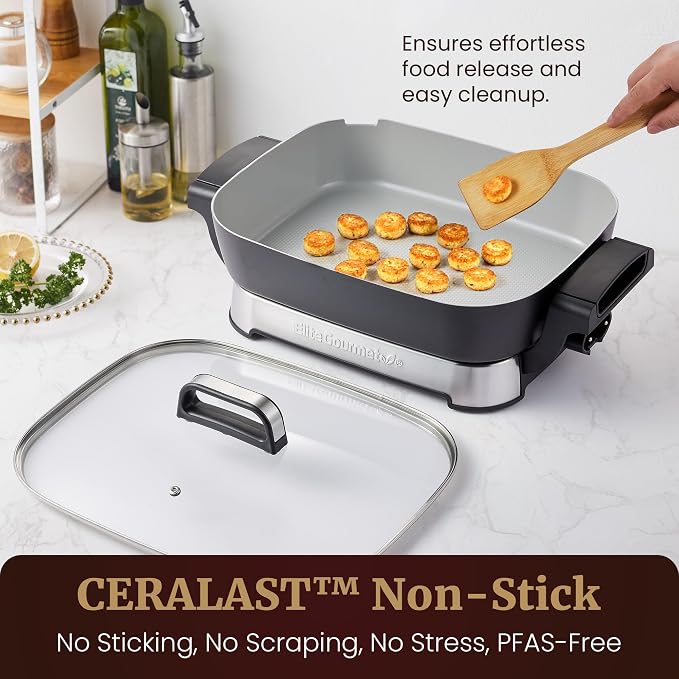 Elite Gourmet Stow-Away Ceramic Electric Skillet, 1500W, Black/Gray | PFAS-Free Ceralast Coating, Rapid Heat-Up, 15"x12"x3" Foldable Design, Dishwasher-Safe Pan & Lid, Large Size