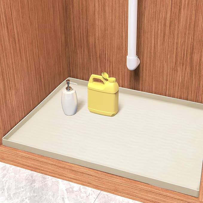 URMONA Waterproof Silicone Under Sink Mat 28'' x 22'' Shelf Liner for Kitchen and Bathroom, Cabinet and Counter Protector, Storage and Organizers, Litter Mat, Pet Cat Puppy Essentials(Cream)