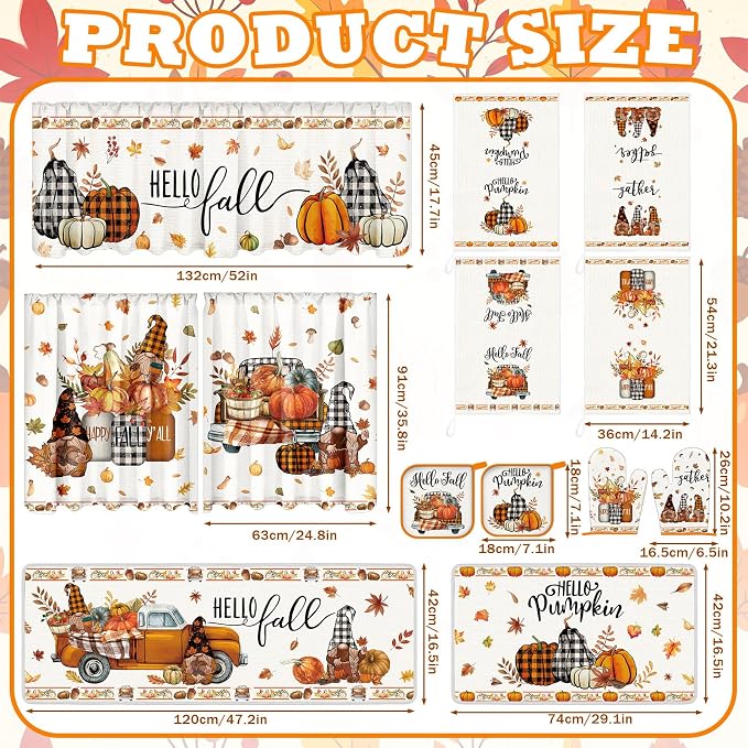 13 Pcs Fall Thanksgiving Kitchen Set with Pumpkin Towels Nonslip Mats Curtains Fall Valance Pot Holders Oven Mitts for Home Cooking Grilling Gift Harvest Autumn Home Decor