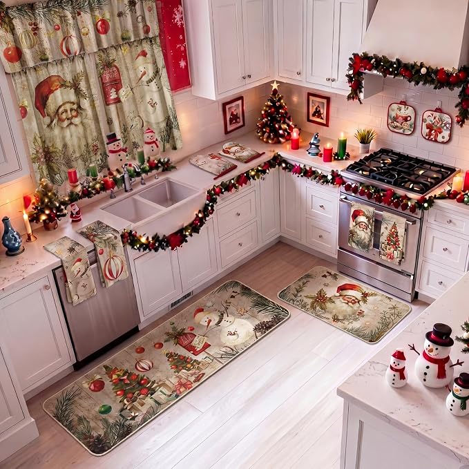 13 Pcs Christmas Kitchen Sets with Santa Snowman Kitchen Towels Christmas Tree Nonslip Mats Curtains Valance Pot Holders Oven Mitts for Xmas Home Decoration Cooking Baking Gift