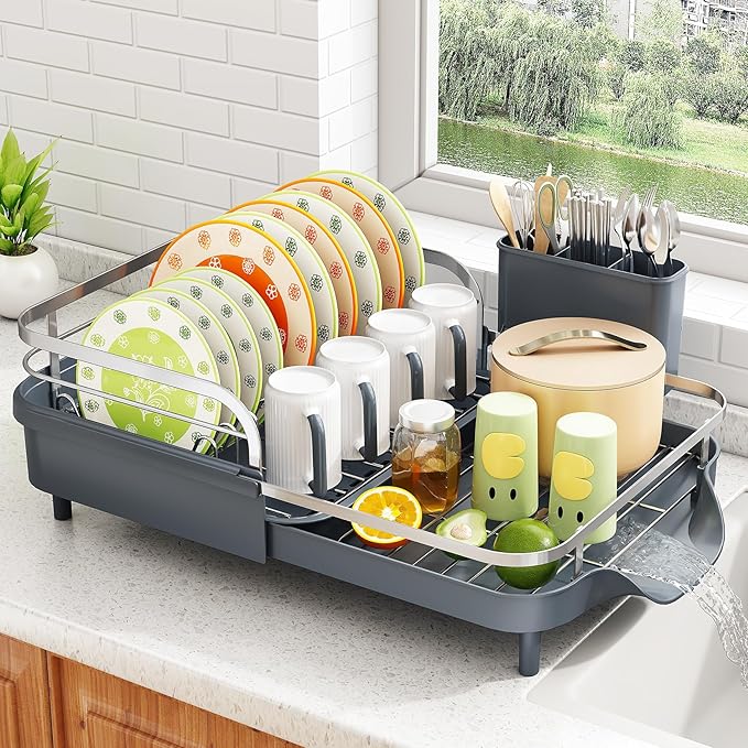 SAYZH Expandable Dish Drying Rack for Small Kitchen Counter, Grey | Stainless Steel, Protective Guardrail, Angled Drainboard, Fits High-Rim Sinks, Removable Utensil Holder