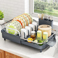 SAYZH Expandable Dish Drying Rack for Small Kitchen Counter, Grey | Stainless Steel, Protective Guardrail, Angled Drainboard, Fits High-Rim Sinks, Removable Utensil Holder