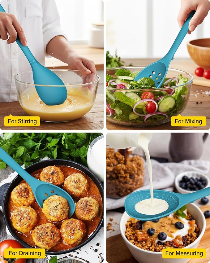 Pack of 2 Silicone Cooking Spoons, Non Stick Solid Kitchen Spoon with Measuring Marks & Back Hooks, Heat Resistant Silicone Slotted Spoon for Cooking, Mixing, Stirring,Serving (BLUE)