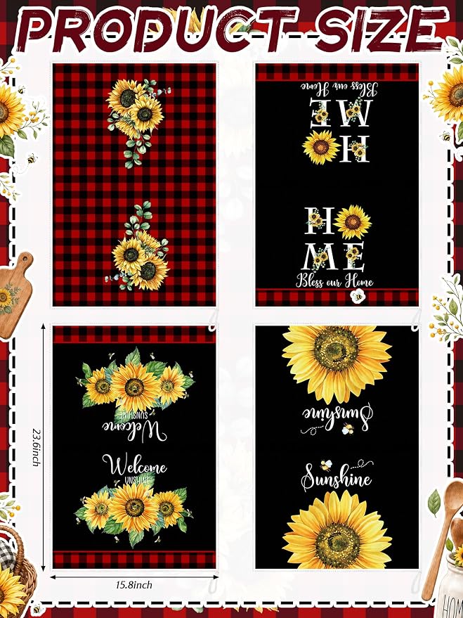 4 Pcs Sunflower Kitchen Towels Red Black Hand Dish Towels Gifts | Floral Absorbent Sunshine Grid Fast Drying Decor Housewarming Gift for Cooking Bathroom Kitchen Decor