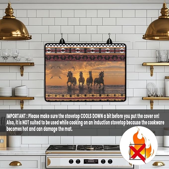 Aztec Horse Electric Stove Top Cover,Black Cat Stove Cover for Glass Top Electric Stove,Astrology Heat Resistant Flat Top Stove Mat Countertop Protector