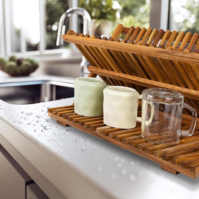 Utoplike Large Teak Dish Drying Rack, Wood Collapsible Organizer for Plates | 3 Tier Kitchen Dish Draine for Countertop, for Pasta Plates, Cups, Pots