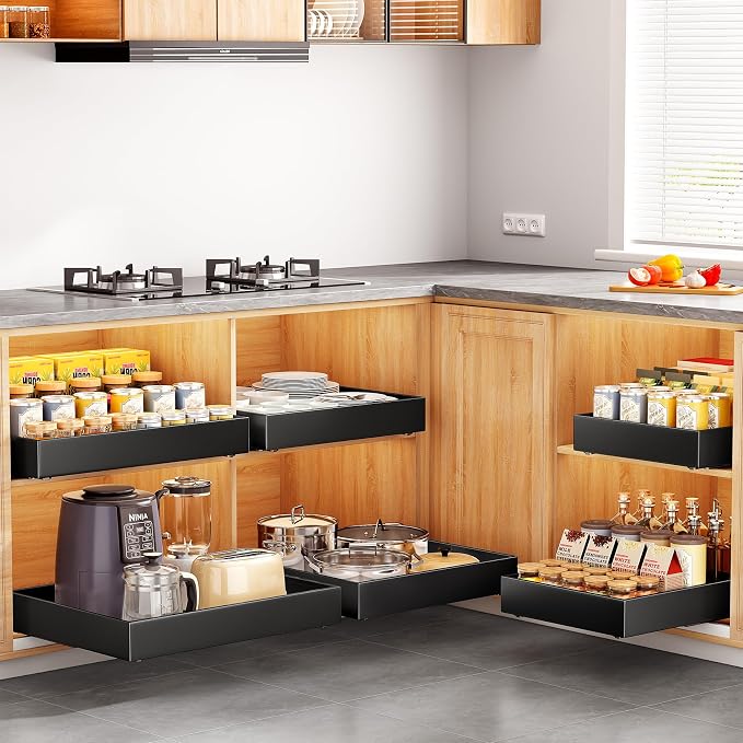 Pull out Cabinet Organizer, 21"Deep, 11.8"Wide Full-Extension Heavy Duty Slide out Drawers with Nano Adhesive, Roll Out Shelves Sliding Cabinet for Kitchen, Bathroom, Pantry,Under Sink Storage(Black)