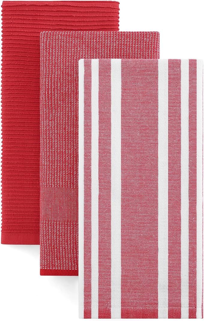 Homaxy Cotton 380 GSM Premium Kitchen Towels, 18"x 28", 3 Pack, Red | Soft and Absorbent Terry Dish Towels, Multipurpose Tea Towel Set with Hanging Loop, 3 Styles Kitchen Hand Towels