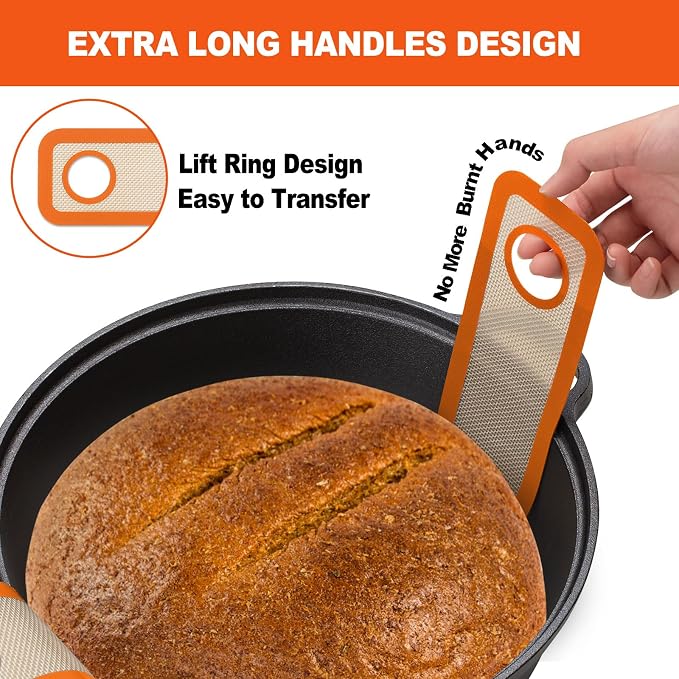 Silicone Bread Sling Dutch Oven - Best Japan Silicone. Non-Stick & Easy Clean ReusableBread Baking Mat. With Extra Long Handles Bread Baking Sheet Liner, 1 Orange pcs for Transferable Dough