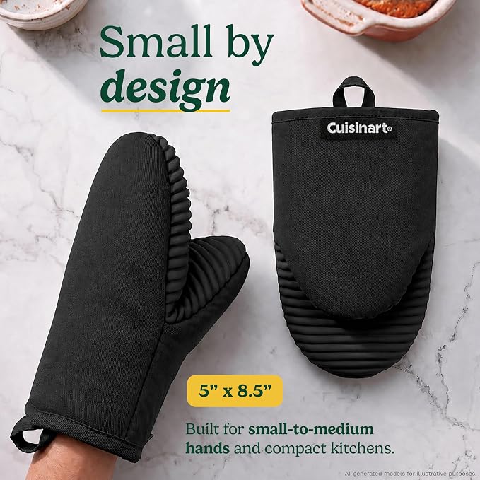 Cuisinart Mini Oven Mitts, 2-Pack 5"x8.5", Heat Resistant 500F | Compact pot holder for baking, air fryer, and cookware, silicone non-slip grip, hanging loop, fits either hand, wipes clean