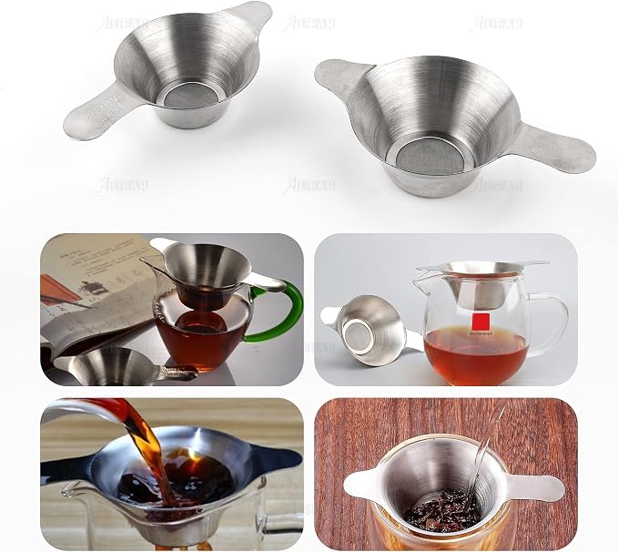 AUEAR, 2 Pack Different Size Stainless Steel Mini Strainer Fine Mesh Tea Funnel Coffee Filter with Double Handles