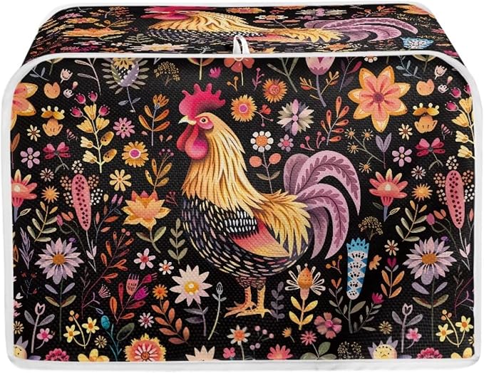 Toaster Cover, Foldable Two Slice Toaster Appliance Dust-proof Covers for Kitchen Small Appliance Dust Cover and Fingerprint Protection Home Decor, Rooster Floral Print