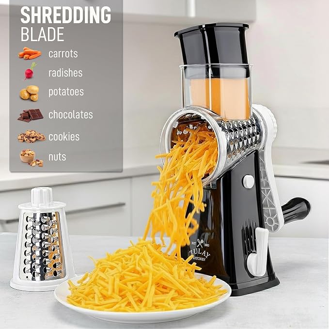 Zulay Kitchen Rotary Cheese Grater 5 Blade Cheese Shredder - Manual Hand Crank Cheese Grater With Reinforced Suction & 5 Interchangeable Drums - Easy to Use, Vegetable Chopper Round Mandoline Slicer