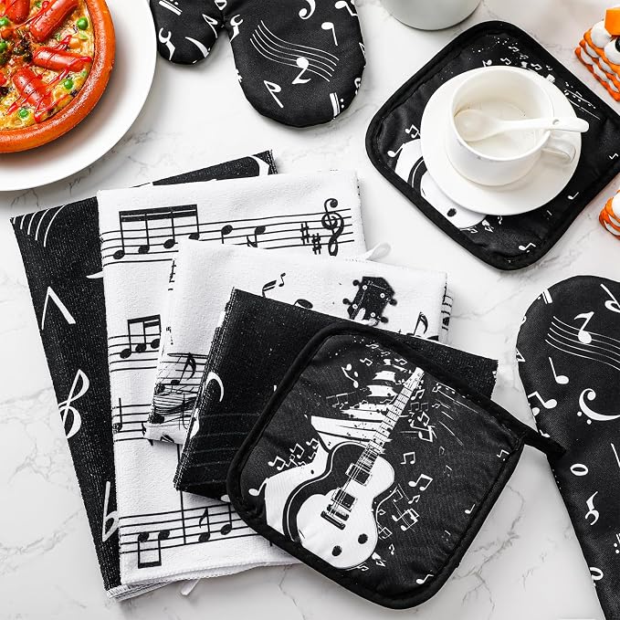Leinuosen 8 Pcs Music Note Kitchen Decor Accessories Set Farmhouse Towels Oven Mitts Pot Holders Dishcloths Set Kitchen Decorative Absorbent Potholders for Chef Baking Cooking