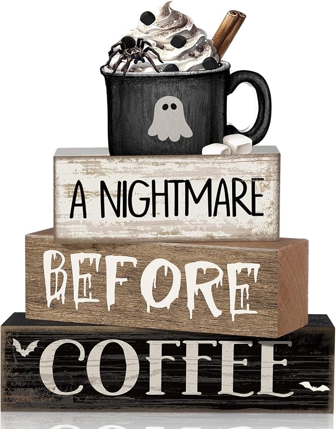Lineshading 4 Pcs Halloween Farmhouse Tabletop Decor, Ghost Mug Topper | Rustic Wooden Block Signs with Coffee Theme, Perfect for Tiered Tray Decor and Home, Includes Decorative Mug Topper