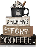 Lineshading 4 Pcs Halloween Farmhouse Tabletop Decor, Ghost Mug Topper | Rustic Wooden Block Signs with Coffee Theme, Perfect for Tiered Tray Decor and Home, Includes Decorative Mug Topper