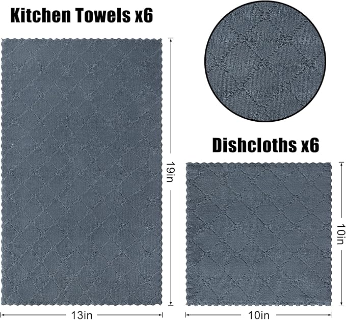 Homaxy Super Soft 12 Pack Kitchen Towels and Dishcloths Set, Dark Grey | Ultra-Absorbent, 10 x 10 and 13 x 19 Inches, Coral Velvet, No Lint, Nonstick Oil, Fast Drying, Microfiber Cleaning Cloth