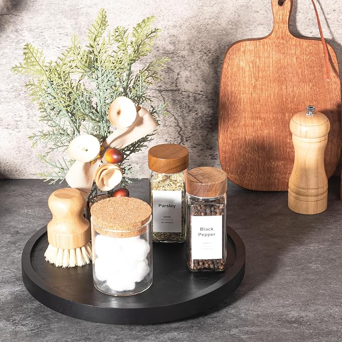 Wood Lazy Susan Organizer Kitchen Turntable for Cabinet Farmhouse Bathroom Decor Round Decorative Tray for Vanity, Counter, Sink, Coffee Table, 10 Inch, Black | waterpoof, East clean, Non-slip, Pantry Table Decorative Tray for condiment, spice