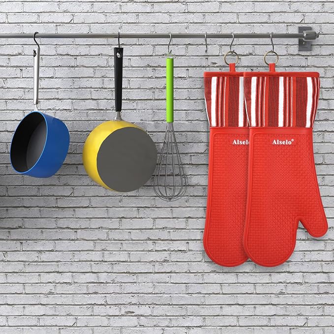 Alselo Silicone Oven Mitts Set, Heat Resistant 550 Degree,7.5"x16" | Extra Long Kitchen Mittens,Waterproof & Non-Silp Oven gloves for Baking Cooking Barbecue Microwave (Extra Long Red, 2)