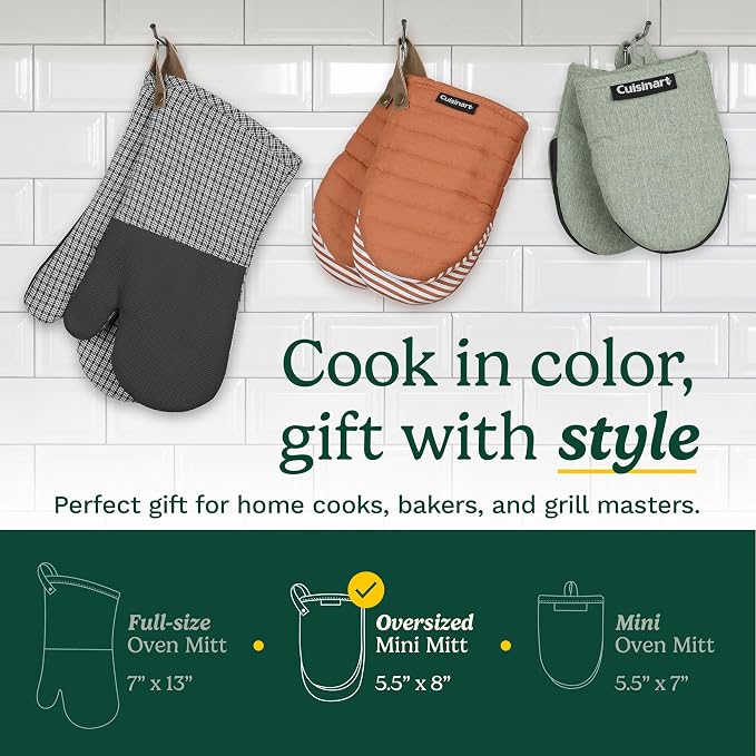 Cuisinart Mini Oven Mitts, 2-Pack 5.5"x8", Printed Silicone, 450F | Non-slip grip stripes, faux leather hang loop, cotton lining for comfort, ambidextrous for baking, cooking, and cast iron