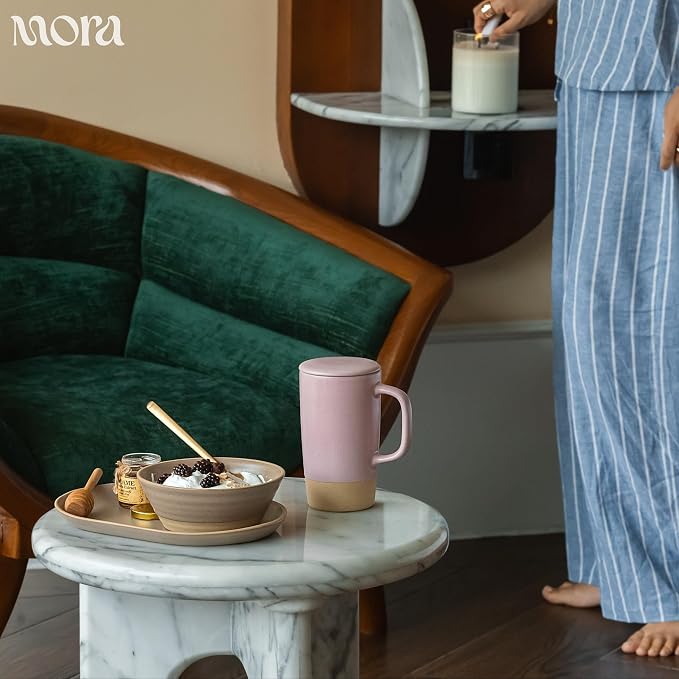 Mora Ceramics Large Tea Mug with Loose Leaf Infuser and Ceramic Lid, 18 oz, Portable, Microwave, Dishwasher Safe, Tall Coffee Cup - Rustic Matte Ceramic Glaze, Modern Herbal Tea Strainer, Dawn