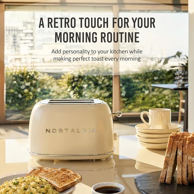 Nostalgia Classic Retro 2-Slice Toaster- Vintage Design- Enamel Coated Steel Body- Wide Slots for all Breads- Crumb Tray, Cord Storage- Defrost,Cancel and Bagel Function & 6 Toasting Levels- Cream