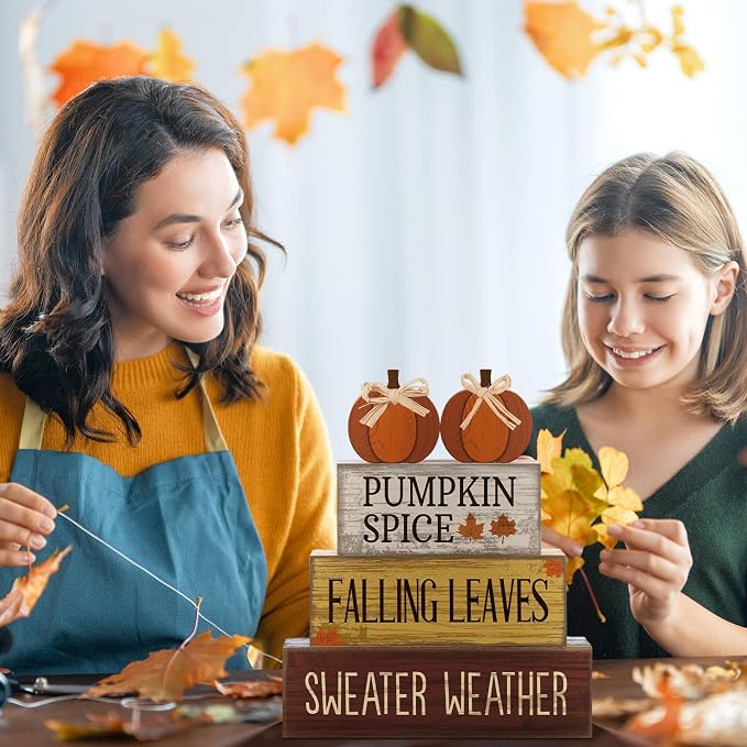 Lineshading 4 Pcs Fall Pumpkin Decor Fall Table Decoration Thanksgiving | Rustic Block Signs with Fall Sayings, Tiered Tray Farmhouse Decor for Autumn Table, Wood Pumpkins Topper with Jute Bows