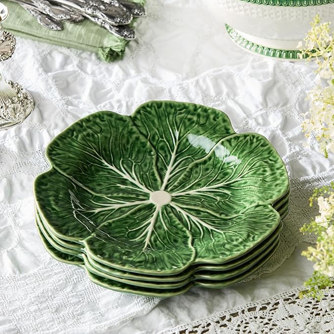 Le Jardin Green Cabbage Plates - Dinner, SET OF FOUR -11" Sculpted Green Stoneware Leaf Plates – Seasonal Garden-Inspired Tableware for Spring & Summer Dining and Entertaining