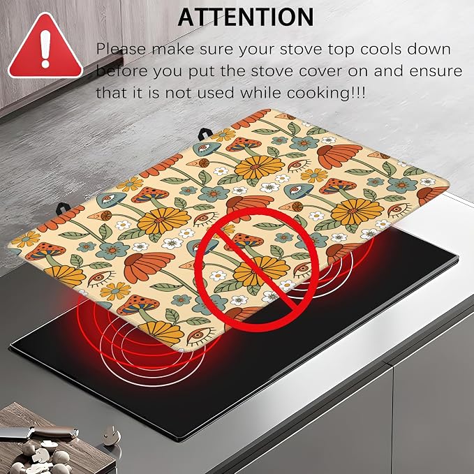 Hippie Abstract Flowers Stove Top Cover for Electric Stove,Heat Resistant Glass Cooktop Cover,Multipurpose Stove/Counter/Washer Top Protector,Dishwasher Safe Rubber (28x 20)