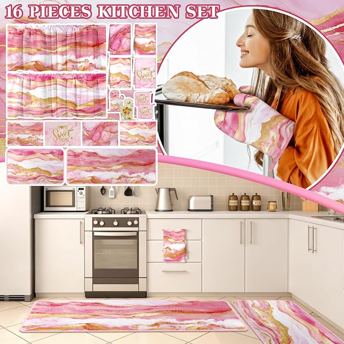 Fourluoo 16 Pcs Pink Marble Kitchen Decor Set 4 Marble Kitchen Towels 2 Non Slip Rugs and Mats for Floor 2 Pink Oven Mitts Gloves 2 Pot Holders 4 Placemats 2 Gold Curtains for Home Decoration Gift