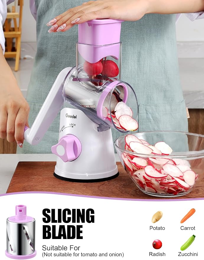 Geedel Rotary Cheese Grater Hand Crank, Cheese Shredder Vegetable Slicer | 3 Blades, 430 Stainless Steel, 12x Fast Cutting, Strong Suction Base, No BPA, Dishwasher Safe, for Cheese, Veggie, Nut
