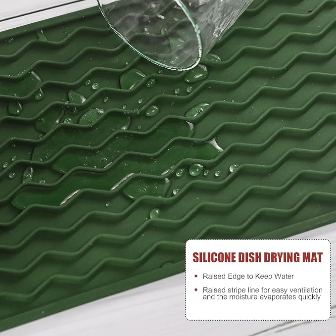 Silicone Dish Drying Mat, Non-Slip Easy Clean Sink Mat, Dark Green ,12"x6" | Quick-Dry Ridges, Large Heat-resistant Dish Drainer Mat for Kitchen Counter, Hangable & Roll-Up for Storage, Dishwasher Safe