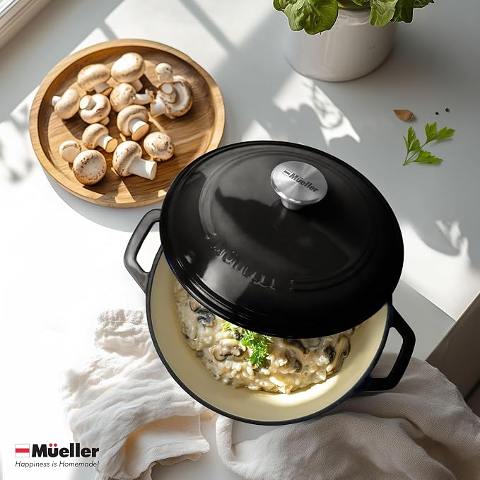 MUELLER HOME 6 Quart Enameled Cast Iron Pot Dutch Oven, Heavy-Duty | Oven-Safe to 500°F & Across All Cooktops, Casserole Dishes for Ovens, Bread Pan with Lid & Knob, Cast Iron Cookware, Black