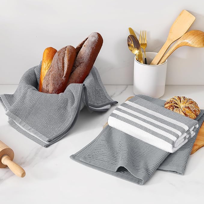 Homaxy Cotton 380 GSM Premium Kitchen Towels, 18"x 28", 9 Pack, Grey | Soft and Absorbent Terry Dish Towels, Multipurpose Tea Towel Set with Hanging Loop, 3 Styles Kitchen Hand Towels