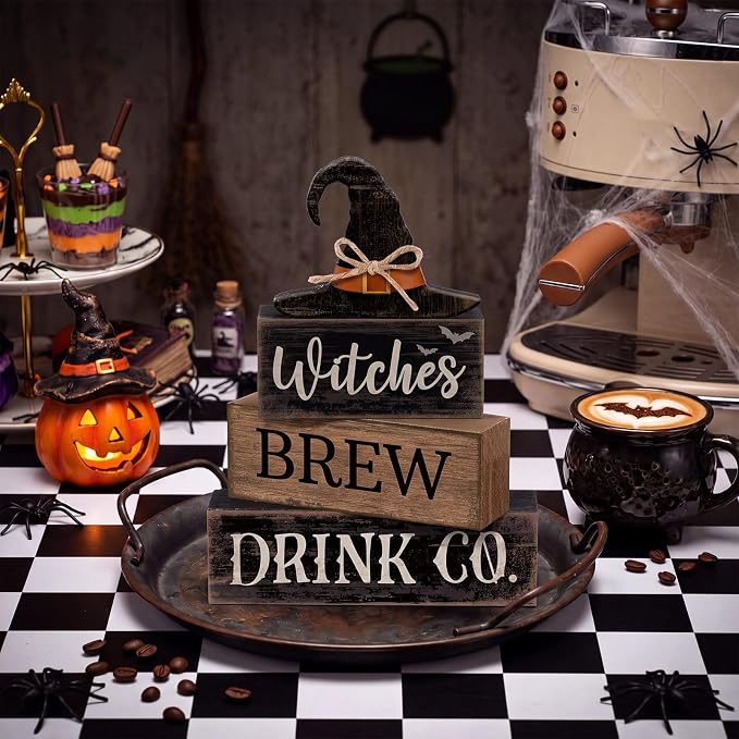 Lineshading 4 Pcs Halloween Witch Wood Block Signs, Tiered Tray Decor | Rustic Wooden Blocks with Witches Brew Theme, Distressed Farmhouse Style for Tabletop, Fall Party Home Decoration