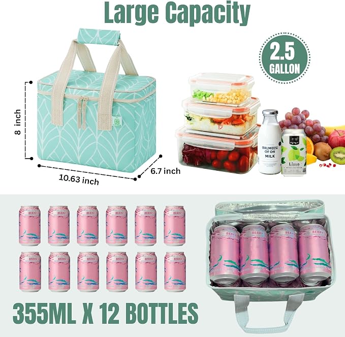VENO 2 Pack Small Cooler Insulated Lunch Bag Reusable Grocery Shopping Bag | Collapsible Lunch Box Tote for Women Men w/ Handles, Dual Zippers, 9L Capacity for Work Office Picnic Beach (Evergreen)