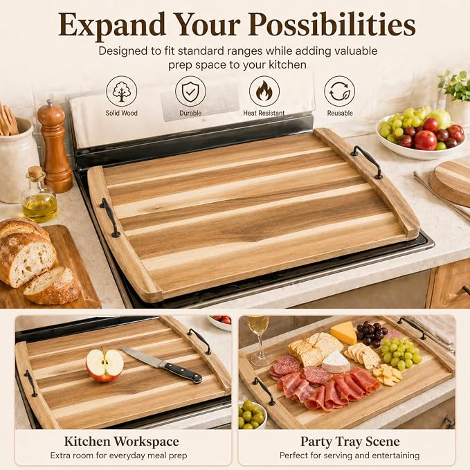 DHARANA Gas Electric Stove Top Cover Wooden Board Burner Glass RV Stovetop | Acacia Wood Noodle Boards 29*22*1.26