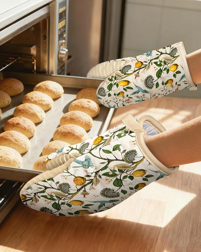 100% Thick Cotton Mini Oven Mitts Silicone Grip Lemon & Birds | Elegant Classic Oven Mitts for Women, Machine Washable, Non-Slip, Reversible Design Fits Both Hands, Stylish Kitchen Decor