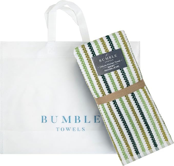 Bumble Kitchen Towels 6 Pack 100% Cotton 16"x26" - Sage Wide Stripe | 430 GSM Soft Kitchen Hand Towels with Hanging Loop, Highly Absorbent & Durable for Washing and Drying Dishes