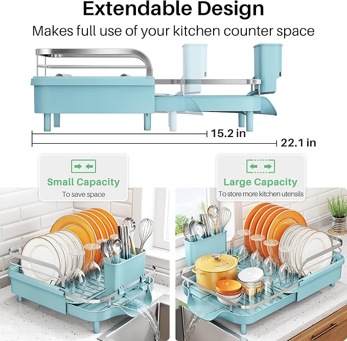 SNTD Expandable Dish Drying Rack for Kitchen Counter, 15.2-22.1 in, Blue | Rust-Resistant Stainless Steel, Protective Side Rails, Self-Draining Drainboard, Removable Utensil Holder