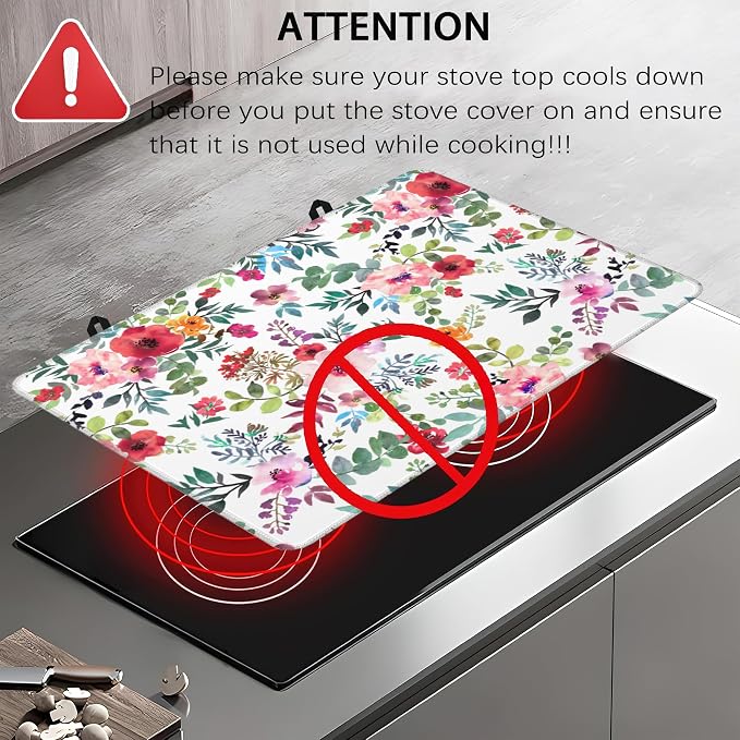 Watercolor Floral Stove Top Cover for Electric Stove,Extra Thick Natural Rubber Glass Top Protector,Prevents Scratching, Expands Usable Space 28x20