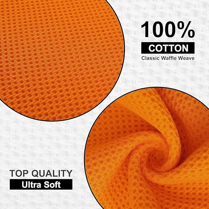 Kitinjoy 100% Cotton Waffle 12-Pack Kitchen Towels, 12" x 12", Orange | Ultra Absorbent, Super Soft, lightweight, Quick Drying Dish Rags for Washing Dishes