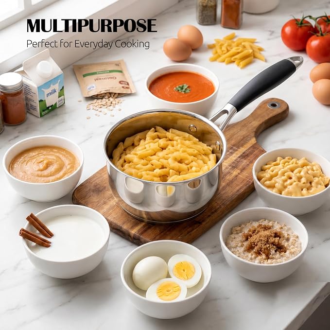 E-far 2 Quart Stainless Steel Saucepan with Lid, Milk Sauce Pot for Kitchen | Multipurpose Small Sauce Pan for Home Cooking, Compatible with All Cooktops, Silicone Handle & Tri-Ply Base, Dishwasher Safe