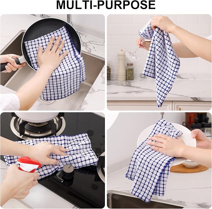 Kitinjoy Cotton 12 Pack Kitchen Towels and Dishcloths Sets, Blue | 16 x 25 Inch & 12 X 12 Inch Dish Towels Bulk, Super Soft and Absorbent hand towels for kitchen Drying
