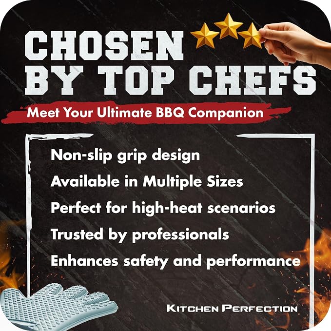 KITCHEN PERFECTION XL Silicone Smoker BBQ Gloves -Heat Resistant Oven Mitts | Waterproof, 5-Finger Design For A Better Grip, for Pitmasters, Meat Smoking, Grilling, Cooking, Frying Turkey | Grill Gift