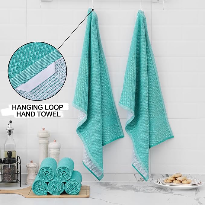Homaxy 380 GSM Cotton Premium Kitchen Towels 3 Pack, 18"x 28", Teal | Flat and Terry Dish Towels, Highly Absorbent Tea Towel Set with Hanging Loop, Soft Utility Kitchen Hand Towels