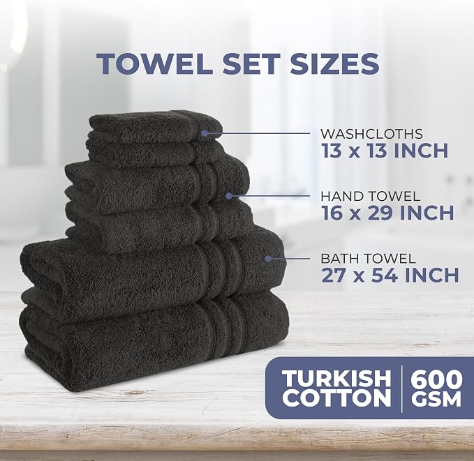 Black 6 Pack Bath Towels Sets Linen for Bathroom Original Turkish Cotton Soft, Absorbent and Premium 2 Bath, 2 Hand, 2 Washcloths
