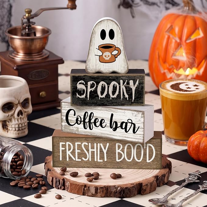 Lineshading 4 Pcs Halloween Coffee Bar Decor Wooden Ghost Block Signs | Farmhouse Tiered Tray Decorations, Rustic Tabletop Home Decor, Spooky Ghost Theme, Stacked Wood Blocks for Kitchen