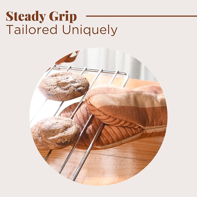 Folkulture Fall Oven Mitts, Brown, Set of 2, Heat Resistant - (5.75"x9") | 100% Cotton, Non Slip, Heat Resistant, Silicone, Cute Striped Mini Mits with Hanging Loop, Fall Kitchen Décor, Cooking Gifts
